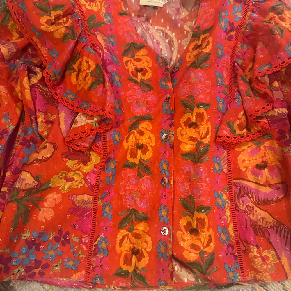 FARM Rio Red Ruffled Buttoned Blouse